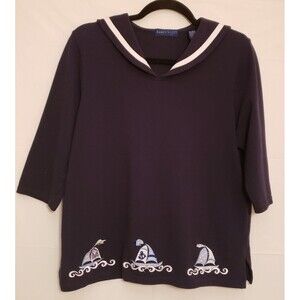 Women's Karen Scott Navy Blue Coastal Granny Sailor Collar Top Sz L PO Good